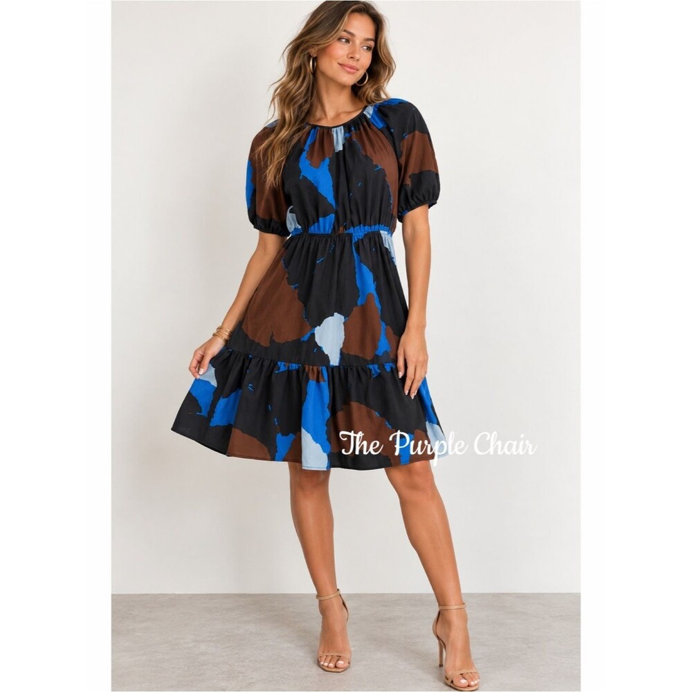 RAILS Blue/Multi Abstract Print Puff Sleeve Khloe Ruffle Mini Dress S